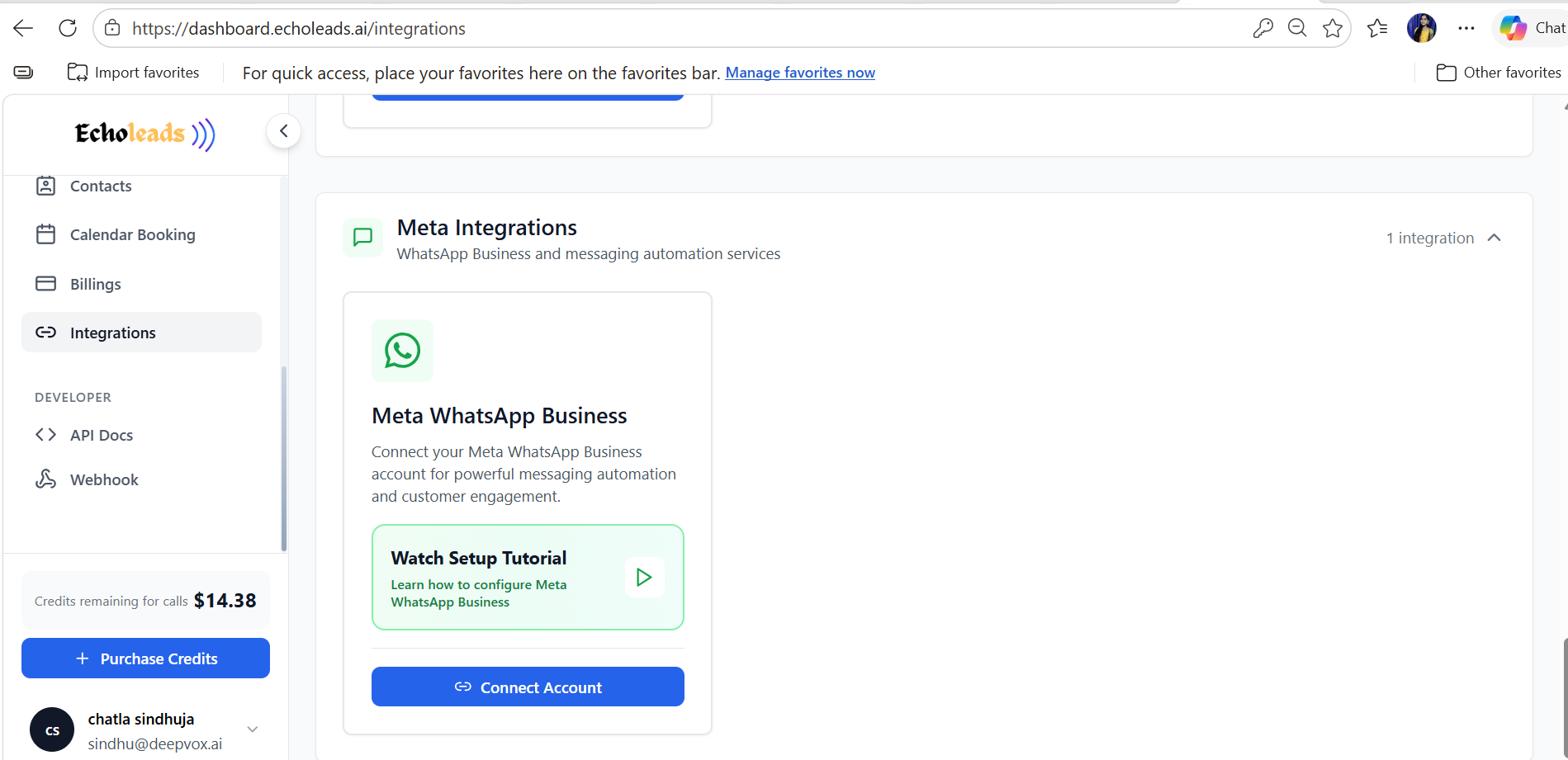 [Screenshot Placeholder – Meta WhatsApp Integration Section]